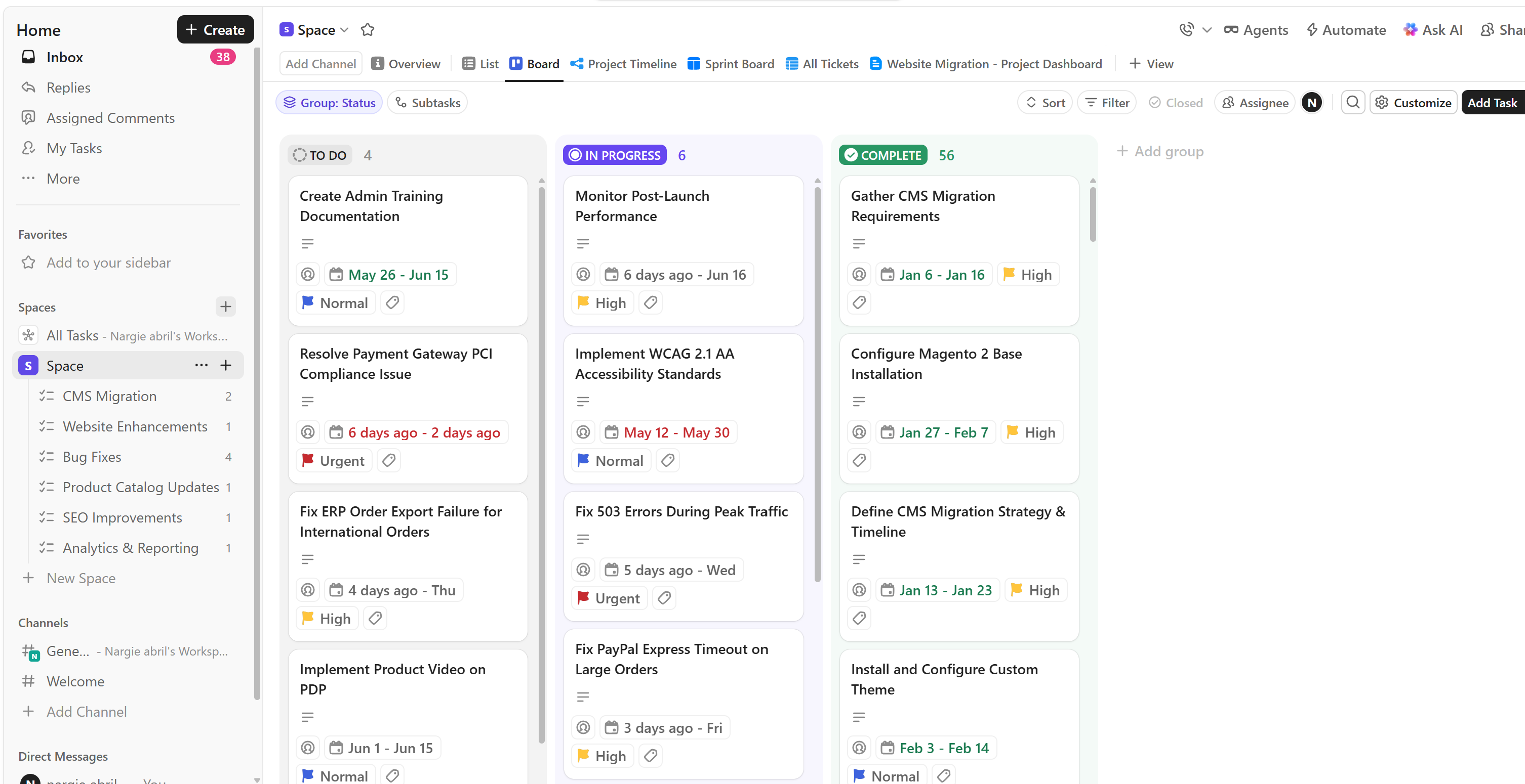 ClickUp Board view of the website migration, with tasks grouped into To Do, In Progress, and Complete columns showing due dates and priorities.