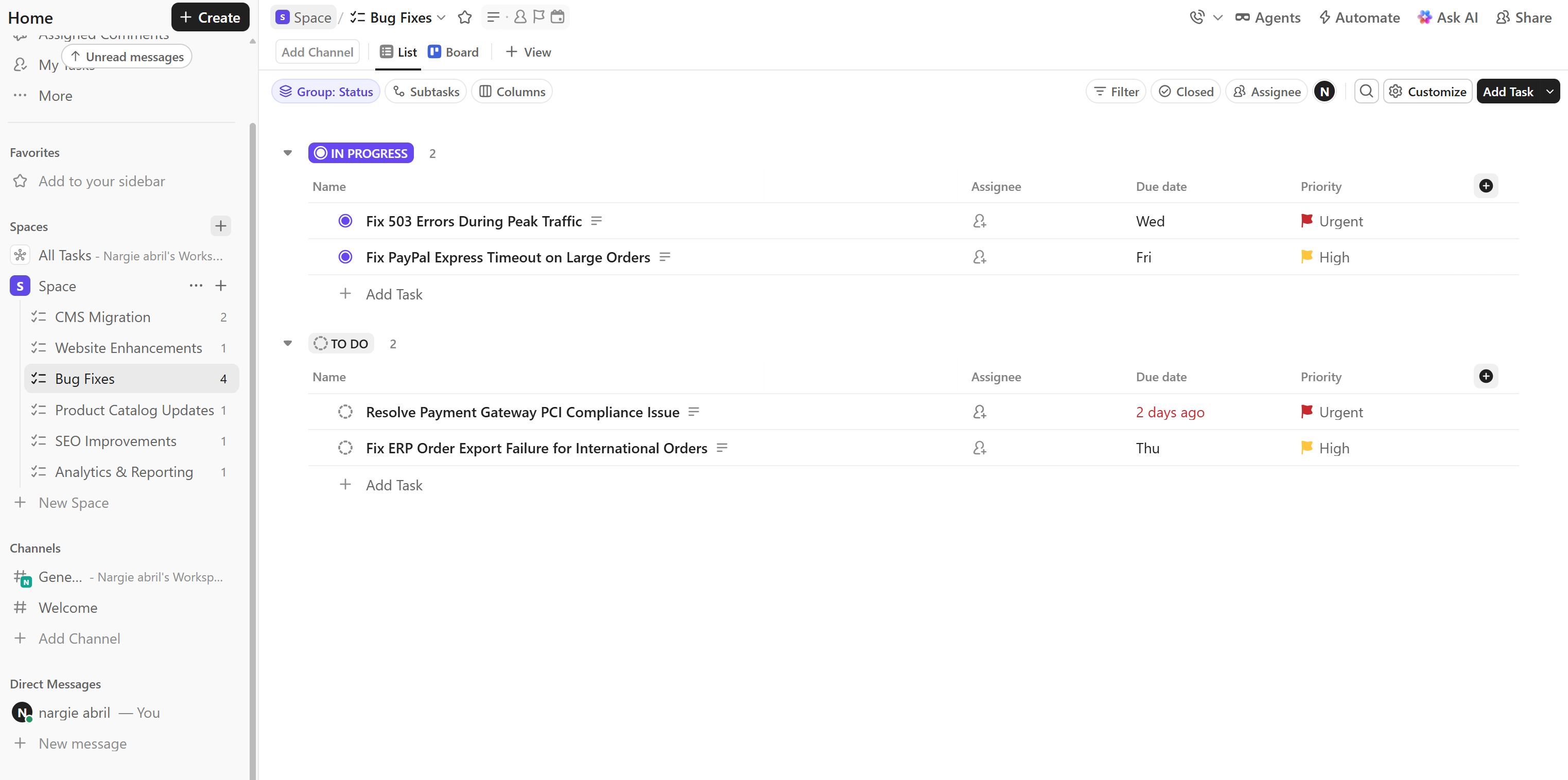 ClickUp List view of the Bug Fixes list, showing tasks by status with assignee, due date, and priority columns.