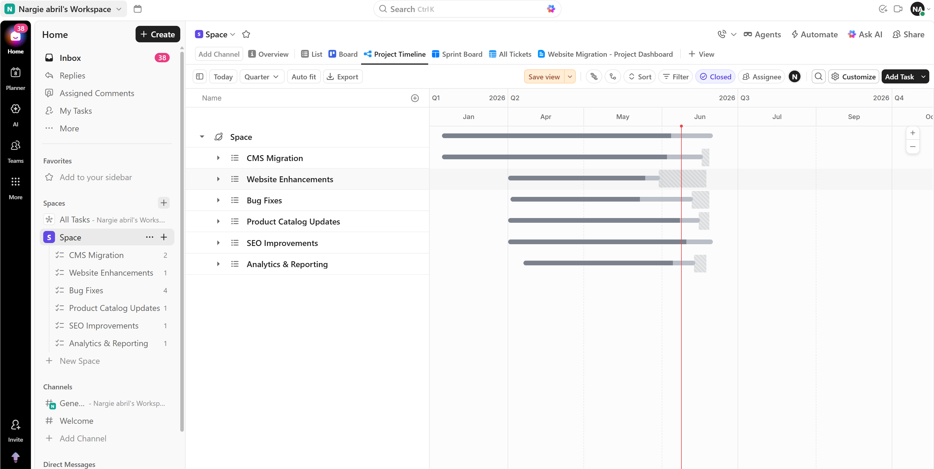 ClickUp Project Timeline (Gantt) view showing CMS Migration, Website Enhancements, Bug Fixes, Product Catalog Updates, SEO Improvements, and Analytics workstreams scheduled across the year.