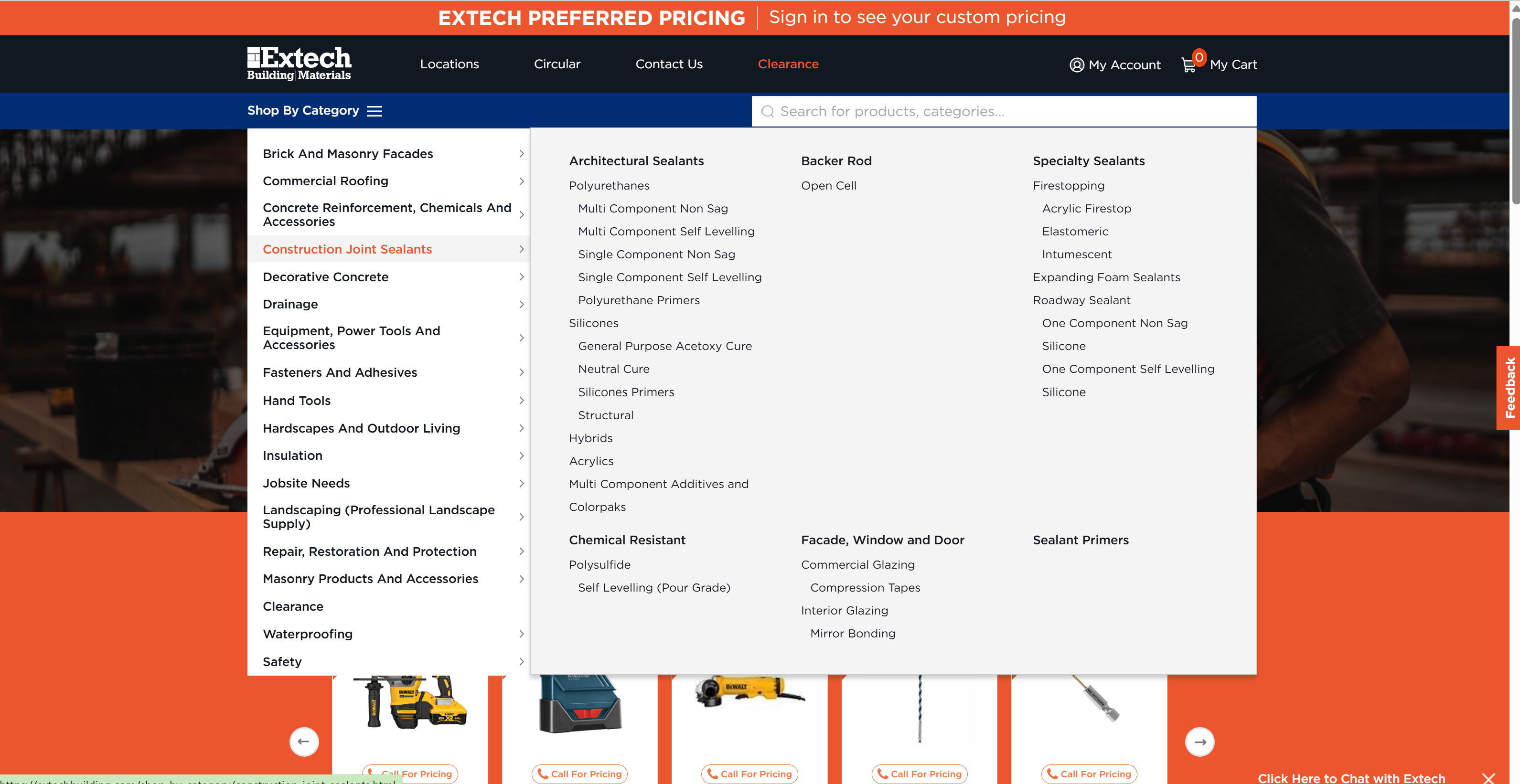 Extech Shop-by-Category mega-menu, showing the Construction Joint Sealants department expanded into its many subcategories such as Architectural Sealants, Backer Rod, and Specialty Sealants.